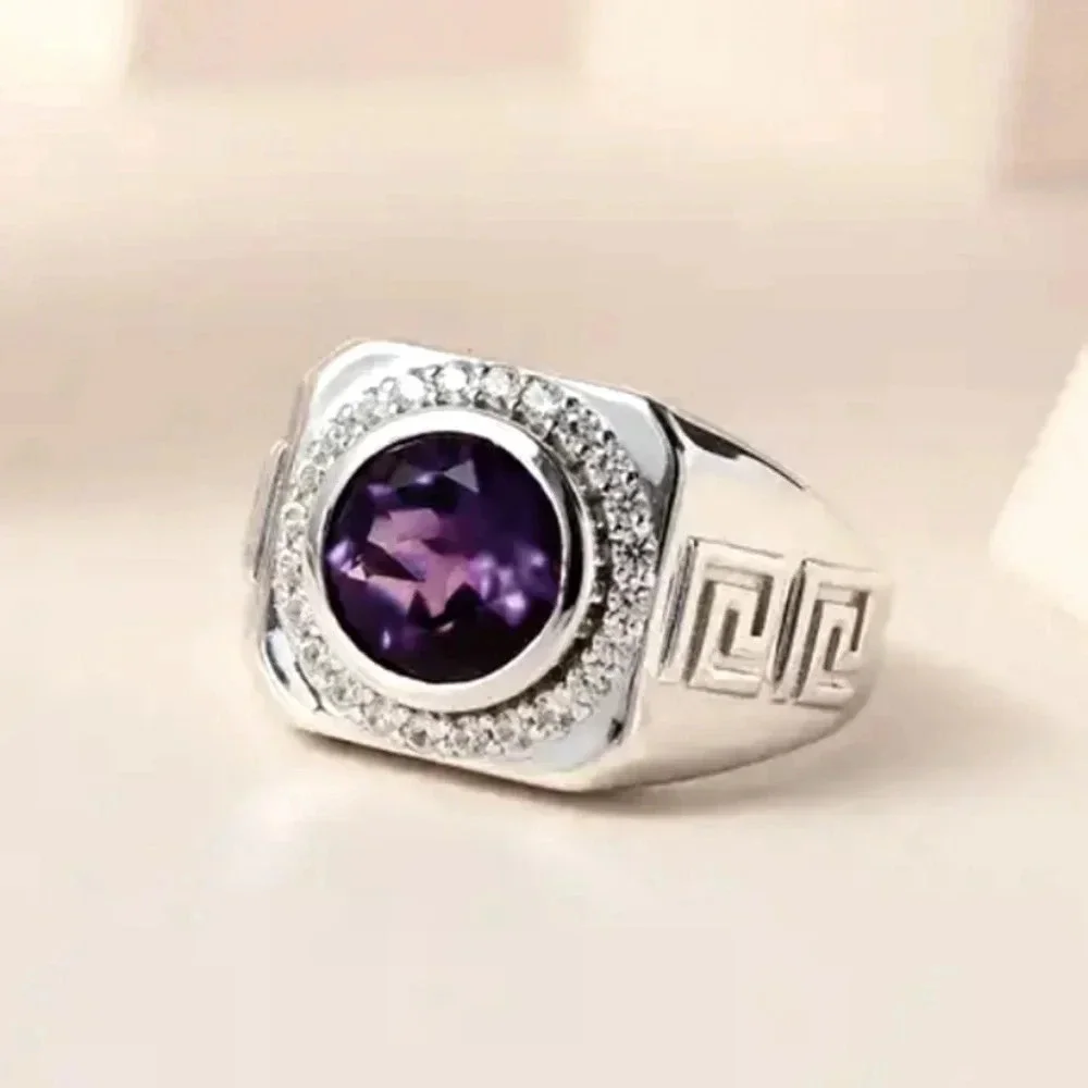 Amethyst & White Zircon Men's Ring Platinum Over Sterling Silver